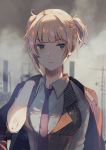  bangs black_gloves black_neckwear blonde_hair blush braid breasts cityscape closed_mouth cloud cloudy_sky collared_shirt commentary_request corset day expressionless eyebrows_visible_through_hair french_braid girls_frontline gloves green_eyes half_gloves hand_on_own_shoulder jacket_on_shoulders looking_at_viewer medium_breasts necktie outdoors ruins shinobu_(kobanatu) shirt short_hair sidelocks sky sleeves_rolled_up solo striped_vest twintails upper_body vest welrod_mk2_(girls_frontline) white_shirt 