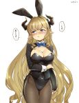  animal_ears bangs blonde_hair blue_eyes blush breasts bunny_ears bunnysuit commentary_request draph granblue_fantasy horns large_breasts leotard long_hair motitoy pantyhose pointy_ears rastina solo very_long_hair 