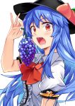 black_hat blouse blue_hair blush bow bowtie center_frills commentary_request e.o. eyebrows_visible_through_hair food fruit grapes hair_between_eyes hand_up hat highres hinanawi_tenshi holding holding_food holding_fruit leaf long_hair looking_at_viewer nail_polish open_mouth peach pink_lips puffy_short_sleeves puffy_sleeves red_bow red_eyes red_neckwear short_sleeves simple_background single_sidelock solo touhou upper_body white_background white_blouse white_nails wing_collar 