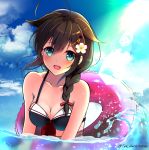  :d ahoge alternate_costume amagami_(makise_tsubaki) bangs bikini blue_eyes blue_sky blush braid breasts brown_hair cleavage cloud collarbone commentary day eyebrows_visible_through_hair flower hair_between_eyes hair_flaps hair_flower hair_ornament hair_over_shoulder innertube kantai_collection long_hair open_mouth outdoors partially_submerged remodel_(kantai_collection) revision ribbon shigure_(kantai_collection) sidelocks single_braid sky smile solo sunlight swimsuit twitter_username upper_body 