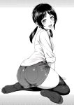  :d ass blush commentary_request greyscale highres long_hair looking_at_viewer monochrome no_shoes open_mouth original ponytail shirt shorts sitting sleeves_folded_up smile solo thighhighs wariza yosiura 