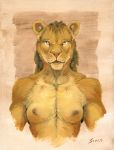  2018 breasts brown_hair feline female fur gold_fur hair lion looking_at_viewer mammal muscular nipples pink_nose portrait scale_(artist) small_breasts traditional_media_(artwork) whiskers 