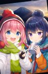  :&lt; :d artist_name bangs beanie blue_eyes blue_hair blush commentary_request cup eyebrows_visible_through_hair green_scarf hair_between_eyes hair_bun happy hat highres hitsukuya jacket kagamihara_nadeshiko long_hair mount_fuji mountain multicolored multicolored_stripes multiple_girls open_clothes open_jacket open_mouth orange_jacket pink_hair plaid pom_pom_(clothes) purple_eyes reaching_out red_hat scarf self_shot shima_rin sidelocks smile striped striped_scarf sunrise teeth v white_jacket winter_clothes yurucamp 