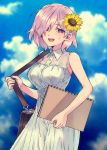  bag blush breasts commentary dress fate/grand_order fate_(series) flower hair_flower hair_ornament hair_over_one_eye highres lavender_hair looking_at_viewer mash_kyrielight medium_breasts open_mouth purple_eyes shigemitsu_jun short_hair sketchbook smile solo sundress sunflower sunflower_hair_ornament sweat white_dress 