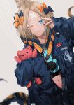  abigail_williams_(fate/grand_order) animal_print arm_up bandaid_on_forehead bangs black_bow black_jacket black_tank_top blonde_hair blue_eyes blurry blurry_background bow brown_background closed_mouth commentary_request dangmill depth_of_field dutch_angle fate/grand_order fate_(series) fingernails hair_bow hair_bun heroic_spirit_traveling_outfit jacket long_hair long_sleeves looking_at_viewer nail_art navel object_hug open_clothes open_jacket orange_bow parted_bangs polka_dot polka_dot_bow simple_background sleeves_past_fingers sleeves_past_wrists solo stuffed_animal stuffed_toy tank_top teddy_bear tentacles tiger_print v 