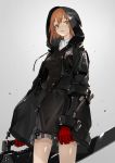  black_hoodie black_skirt brown_eyes brown_hair from_below gauntlets gloves grey_background highlights holding holding_weapon hood hood_up hoodie looking_at_viewer multicolored_hair neco original parted_lips red_gloves shaded_face short_hair skirt weapon wing_collar 