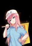  absurdres bangs blue_shirt character_name closed_mouth clothes_writing collarbone commentary_request cosplay darling_in_the_franxx eyebrows_visible_through_hair fingernails flag flat_cap green_eyes hair_between_eyes hand_on_hip hat hataraku_saibou head_tilt highres holding holding_flag horns koi_han long_hair looking_away over_shoulder pink_hair platelet_(hataraku_saibou) platelet_(hataraku_saibou)_(cosplay) shirt short_sleeves smile solo very_long_hair white_hat zero_two_(darling_in_the_franxx) 