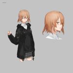  black_hoodie black_skirt brown_eyes brown_hair face grey_background highlights hood hood_down hoodie multicolored_hair neco original parted_lips pleated_skirt short_hair skirt wing_collar 