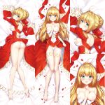  ahoge alternate_hairstyle ass barefoot blonde_hair blush braid censored collarbone dakimakura fate/extra fate_(series) green_eyes hair_intakes half-closed_eyes heart heart_censor highres long_hair looking_at_viewer lying masuishi_kinoto multiple_views nero_claudius_(fate) nero_claudius_(fate)_(all) no_bra on_back on_stomach petals puffy_sleeves rose_petals see-through shoulder_blades smile topless wide_sleeves 