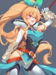  1girl artist_name bare_shoulders belt blonde_hair dragalia_lost elbow_gloves elisanne eyebrows_visible_through_hair garter_straps gloves grey_background hair_ornament highres holding jewelry long_hair looking_at_viewer open_mouth ponytail purple_eyes ribbon smile solo thighhighs weapon white_legwear yume_ou 