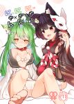  :3 ahoge akashi_(azur_lane) animal_ear_fluff animal_ears arm_up azur_lane barefoot black_hair black_kimono bra breasts cameltoe cat_ears comiket_94 commentary_request cover cover_page cross-laced_clothes doujin_cover dress dress_lift fang feet flat_chest fox_mask green_hair hair_ornament hairclip highres interlocked_venus_symbols japanese_clothes jingle_bell_earrings kimono legs long_hair looking_at_viewer mask mask_on_head multiple_girls off_shoulder open_mouth panties rating red_eyes semimarusemi short_hair short_kimono sideboob sitting sleeves_past_wrists spread_legs thighhighs toes translation_request underwear very_long_hair white_bra white_dress white_legwear white_panties wide_sleeves yamashiro_(azur_lane) yellow_eyes 