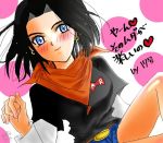  android_17 artist_request black_hair blue_eyes blush dragonball_z earrings genderswap jewelry looking_at_viewer scarf translation_request 