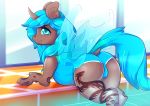  2018 absurd_res amberpendant blue_eyes blue_hair blue_sclera butt changeling clothed clothing cute dock equine eyebrows eyelashes fan_character female feral glass hair hi_res hole_(anatomy) hooves horn insect_wings inside long_hair looking_at_viewer looking_back mammal my_little_pony one-piece_swimsuit portrait rear_view smile solo swimming_pool swimsuit tattoo tile water window wings 