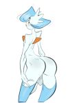  2018 3_fingers alternate_color balls big_butt blue_hair butt clothing digital_media_(artwork) gardevoir girly hair legwear lipstick looking_at_viewer looking_back makeup male mostly_nude nintendo orange_eyes penis pok&eacute;mon pok&eacute;mon_(species) rear_view shiny_pok&eacute;mon short_hair simple_background slb solo standing thigh_highs video_games white_background 