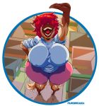  2018 alpha_channel anthro big_breasts breasts canine clothed clothing digital_media_(artwork) dog female hair hair_over_eyes macro mammal nipple_bulge open_mouth oracle_(vhsdaii) raised_arm red_hair sheepdog short_hair signature solo thick_thighs vhsdaii 