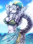  2018 anthro bikini blush breasts clothing feline female fur hair ingi leopard looking_at_viewer mammal midriff navel open_mouth smile snow_leopard solo spots swimsuit water 