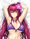  absurdres armpits arms_up bikini bracelet breasts eyebrows_visible_through_hair fate/grand_order fate_(series) flower hair_flower hair_ornament highleg highleg_bikini highres jewelry large_breasts long_hair looking_at_viewer lying nail_polish navel okitakung on_back parted_lips print_bikini purple_bikini purple_hair red_eyes scathach_(fate)_(all) scathach_(swimsuit_assassin)_(fate) side-tie_bikini sidelocks smile solo sparkle_print swimsuit wrist_cuffs 