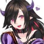  :d ahoge bangs belt_buckle belt_collar black_collar black_hair black_shirt bubble buckle coke collarbone commentary cup demon_girl demon_horns drinking_glass drinking_straw fang hair_between_eyes hair_flaps hand_up head_tilt heart holding holding_cup horns ice long_hair looking_at_viewer multicolored_hair nijisanji open_mouth pale_skin parted_bangs pointy_ears portrait purple_shirt red_eyes red_hair ringed_eyes shirt shu-mai simple_background sleeves_past_fingers sleeves_past_wrists smile solo striped striped_shirt torn_clothes torn_shirt two-tone_hair virtual_youtuber white_background yamiyono_moruru 