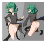  1girl ass green_eyes green_hair half-closed_eyes majin_(marcia) one-punch_man panties pelvic_curtain solo tatsumaki underwear wind wind_lift 