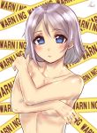  10s 1girl blue_eyes blurry blurry_background breasts covering covering_breasts grey_hair kaya_(yoshina9) large_breasts looking_at_viewer love_live! love_live!_sunshine!! nude short_hair solo standing tape upper_body watanabe_you 