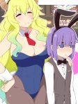  1girl age_difference animal_ears anime_coloring bare_shoulders black_leotard black_ribbon blonde_hair blush bow bowtie breasts brown_legwear bunny_ears bunny_tail bunnysuit casino cleavage closed_eyes commentary_request detached_collar dragon_girl dragon_horns fake_animal_ears formal gradient_hair gudon_(iukhzl) horns kobayashi-san_chi_no_maidragon large_breasts leotard long_hair long_sleeves magatsuchi_shouta multicolored_hair neck_ribbon necktie pants pantyhose purple_eyes purple_hair quetzalcoatl_(maidragon) red_neckwear ribbon shirt short_hair slot_machine smile strapless strapless_leotard suit sweatdrop tail trembling vest wavy_hair white_shirt 