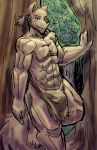  2018 4_toes 5_fingers abs anthro barazoku bedroom_eyes biceps big_bulge big_muscles bulge canine clothed clothing digital_media_(artwork) forest fur half-closed_eyes keidran loincloth looking_at_viewer male mammal manly manpersonguy mrease muscular muscular_male pecs ponytail quads seductive smile sythe_(twokinds) toes tree twokinds wolf 