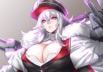  azur_lane bangs black_shirt bra breasts buttons cape cleavage closed_mouth collar fur_trim gradient gradient_background graf_zeppelin_(azur_lane) hair_between_eyes hat highres large_breasts lips long_hair looking_at_viewer metal_collar military military_uniform peaked_cap red_eyes rigging shirt shouji_nigou silver_hair solo turret underwear uniform white_bra 