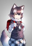 animal_ears backpack bag blue_eyes child coat commentary_request cowboy_shot eyebrows_visible_through_hair fur_collar grey_hair grey_wolf_(kemono_friends) heterochromia kemono_friends long_hair long_sleeves multicolored_hair necktie partial_commentary plaid plaid_neckwear plaid_skirt randoseru skirt solo st.takuma tail white_hair wolf_ears wolf_tail yellow_eyes younger 