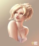  artist_name bare_shoulders blonde_hair blue_eyes breasts brown_background casual cleavage collarbone earrings eyelashes gradient gradient_background high_ponytail iury_padilha jewelry lavender_shirt lips looking_to_the_side medium_breasts mercy_(overwatch) mole mole_on_arm no_wings nose overwatch portrait red_lips shirt short_hair signature sleeveless sleeveless_shirt smile solo spaghetti_strap stud_earrings tan_background 