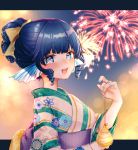  :d alternate_costume alternate_hairstyle bag bangs blue_eyes blue_hair blue_nails blush breasts commentary_request drill_locks eyebrows_visible_through_hair fireworks floral_print green_kimono hand_up head_fins holding holding_bag japanese_clothes kimono letterboxed looking_at_viewer medium_breasts mermaid mokokiyo_(asaddr) monster_girl nail_polish obi open_mouth outside_border ponytail purple_sash sash short_hair short_ponytail smile solo string striped striped_kimono touhou unmoving_pattern upper_body wakasagihime white_kimono yukata 