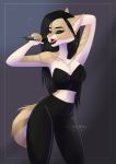  2018 5_fingers anthro breasts cat clothed clothing digital_media_(artwork) ei-ka eyebrows eyes_closed feline female holding_object mammal open_mouth solo teeth tongue 