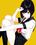  absurdres ascot bangs black_hair black_legwear black_nails bob_cut breasts highres kayahara lace lace-trimmed_skirt large_breasts nail_polish original pale_skin red_eyes school_uniform serafuku short_hair simple_background skirt solo tongue tongue_out yellow_background 