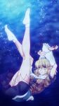  arm_warmers blonde_hair breasts bubble commentary_request eyebrows_visible_through_hair full_body green_eyes highres impossible_clothes kneepits legs long_legs medium_breasts mizuhashi_parsee no_shoes ootsuki_wataru pointy_ears scarf short_hair socks solo tabi touhou underwater 