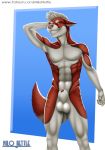  aaklin_(character) abs animal_genitalia animal_penis anthro balls blue_eyes canine canine_penis dog fur hair husky looking_at_viewer male mammal milo_nettle muscular nipples nude patreon pecs penis presenting red_fur sheath signature smile solo teeth white_fur white_hair 