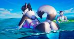  2018 anthro bikini black_fur black_hair breasts butt butt_focus canine clothing dog duo etskuni feline female fur hair looking_at_viewer male male/female mammal open_mouth scar smiju smile stripes swimsuit tiger water wet white_fur 