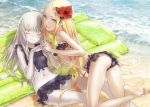  abigail_williams_(fate/grand_order) all_fours ass bandeau bangs bare_shoulders barefoot beach bikini bikini_skirt black_bikini blonde_hair breasts butterfly_hair_ornament day fate/grand_order fate_(series) feet flower frilled_bikini frills from_side hair_flower hair_ornament hibiscus highres holding_hands inflatable_raft interlocked_fingers lavender_hair lavinia_whateley_(fate/grand_order) long_hair looking_at_viewer lying multiple_girls navel on_back outdoors pale_skin parted_bangs purple_eyes redjuice small_breasts soles swimsuit very_long_hair wet wide-eyed 