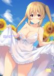  absurdres areola_slip areolae bare_arms bare_shoulders black_ribbon blue_sky blush breasts brown_eyes cloud cloudy_sky collarbone commentary_request cover day dress dress_lift eyebrows_visible_through_hair flower frilled_dress frills hair_ribbon highres kantai_collection large_breasts lifted_by_self light_brown_hair long_hair looking_at_viewer murasame_(kantai_collection) purunyara ribbon sky sleeveless sleeveless_dress smile solo sundress sunflower text_focus twintails white_dress 
