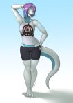  4_toes 5_fingers anthro barefoot breasts clothed clothing digital_media_(artwork) female hair lizard looking_at_viewer open_mouth pink_eyes purple_hair reptile scalie skipsy smile solo standing teeth toes tongue 