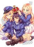  :d andou_(girls_und_panzer) bangs bc_freedom_(emblem) bc_freedom_military_uniform black_footwear black_hair blonde_hair blue_eyes blue_jacket blue_vest blush boots brown_eyes closed_mouth commentary_request crossed_arms crown dark_skin dress_shirt drill_hair emblem eyebrows_visible_through_hair from_side frown girl_sandwich girls_und_panzer green_eyes hands_on_another's_head high_collar highres indian_style jacket knee_boots kneeling light_frown long_hair long_sleeves looking_at_another looking_back marie_(girls_und_panzer) medium_hair messy_hair military military_uniform miniskirt multiple_girls open_mouth oshida_(girls_und_panzer) pleated_skirt sandwiched shirt sitting skirt smile takitarou uniform vest white_shirt white_skirt 