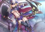  blonde_hair boots breasts cape fang garter_belt gloves hat long_hair mizya navel no_bra nova_(tcg) purple_eyes shorts stockings tagme_(character) thighhighs twintails underboob weapon 