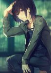  arm_up bangs barefoot black_hair blurry blurry_background blush collarbone commentary depth_of_field english_commentary eyebrows_visible_through_hair fujiwara_mizuki green_jacket grey_eyes hair_between_eyes hand_on_own_head jacket long_sleeves looking_away open_clothes open_jacket original overalls parted_lips rain solo 