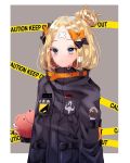  abigail_williams_(fate/grand_order) bandaid_on_forehead bangs black_bow black_jacket blonde_hair blue_eyes blush bow caution_tape closed_mouth commentary_request eyebrows_visible_through_hair fate/grand_order fate_(series) fingernails grey_background haga hair_bow hair_bun heroic_spirit_traveling_outfit highres jacket long_hair long_sleeves looking_at_viewer object_hug orange_bow parted_bangs polka_dot polka_dot_bow sleeves_past_fingers sleeves_past_wrists solo stuffed_animal stuffed_toy teddy_bear two-tone_background upper_body white_background 