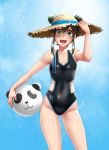  :d bare_shoulders black_hair black_swimsuit collarbone commentary commission covered_navel double_bun english_commentary fang green_eyes hair_between_eyes hair_through_headwear hand_on_headwear handa_sasami hat highres looking_at_viewer one-piece_swimsuit open_mouth shuukan_shounen_hachi smile solo straw_hat swimsuit twrlare 