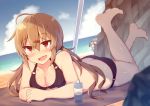  ass beach bikini black_bikini blue_eyes blue_sky blush breasts brown_eyes brown_hair cleavage cloud collarbone day fang gangut_(kantai_collection) grey_hair hair_between_eyes hat hibiki_(kantai_collection) kantai_collection long_hair looking_at_viewer low_twintails lying medium_breasts multiple_girls ocean oil on_stomach open_mouth outdoors parasol rock sand shinopoko silver_hair sky smile sun sun_hat swimsuit tashkent_(kantai_collection) towel twintails umbrella 