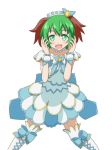  :d alternate_costume animal_ears boots cato_(monocatienus) commentary_request cross-laced_footwear dress green_eyes green_hair kasodani_kyouko looking_at_viewer open_mouth short_hair simple_background smile solo thigh_boots thighhighs touhou white_background 