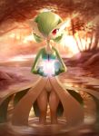  2018 3_fingers ancesra dusk female front_view gardevoir green_hair hair hair_over_eye hi_res humanoid lighting looking_at_viewer nintendo outside partially_submerged pok&eacute;mon pok&eacute;mon_(species) red_eyes smile solo standing video_games water 