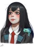  animal animal_on_shoulder asui_tsuyu bangs black_hair boku_no_hero_academia brown_eyes closed_mouth collared_shirt dress_shirt eyebrows eyeliner frog highres lips long_hair makeup mascara md5_mismatch messy_hair necktie nose parted_bangs raised_eyebrows randy_(awesomevillage) realistic red_neckwear school_uniform shiny shiny_hair shirt simple_background solo source_request u.a._school_uniform upper_body white_background white_shirt wide-eyed wing_collar 