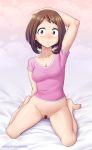  1girl absurdres arm_up armpits barefoot bed_sheet blush boku_no_hero_academia breasts brown_eyes brown_hair collarbone edited full_body ghettoyouth highres lace_background looking_away medium_breasts navel nipples nose_blush nude parted_lips pubic_hair short_hair sitting solo third-party_edit uraraka_ochako wariza watermark web_address 