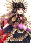  :d asa_no_ha_(pattern) black_dress black_gloves black_hat blush brown_capelet brown_hair capelet chacha_(fate/grand_order) commentary_request dress fate/grand_order fate_(series) floral_print fur_collar gloves hanagin hat highres long_hair looking_at_viewer open_mouth print_dress purple_eyes see-through smile solo very_long_hair 