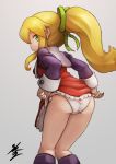  artist_name ass blonde_hair commentary_request dress dress_lift flat_ass from_behind green_eyes hair_ribbon kneepits long_hair long_sleeves looking_back panties ponytail profile ribbon rockman rockman_(classic) roll signature solo sowel_(sk3) standing thighs underwear 